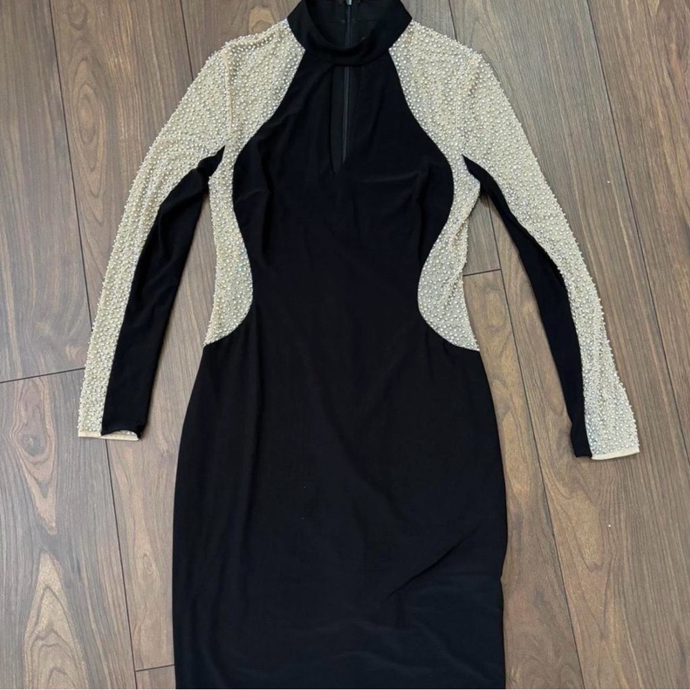 Xscape Black Dress with Ivory Beaded Long Sleeves
